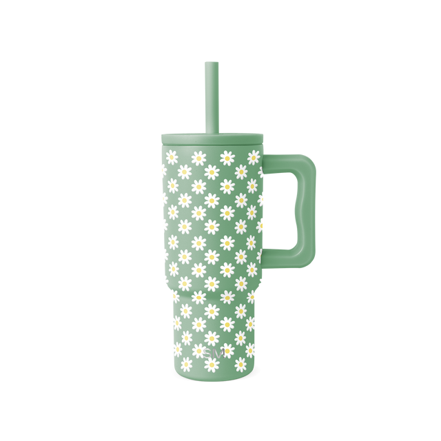 Soft sage green tumbler with white daisy flowers and pale yellow centers repeated across the surface Soft sage green tumbler with white daisy flowers and pale yellow centers repeated across the surface