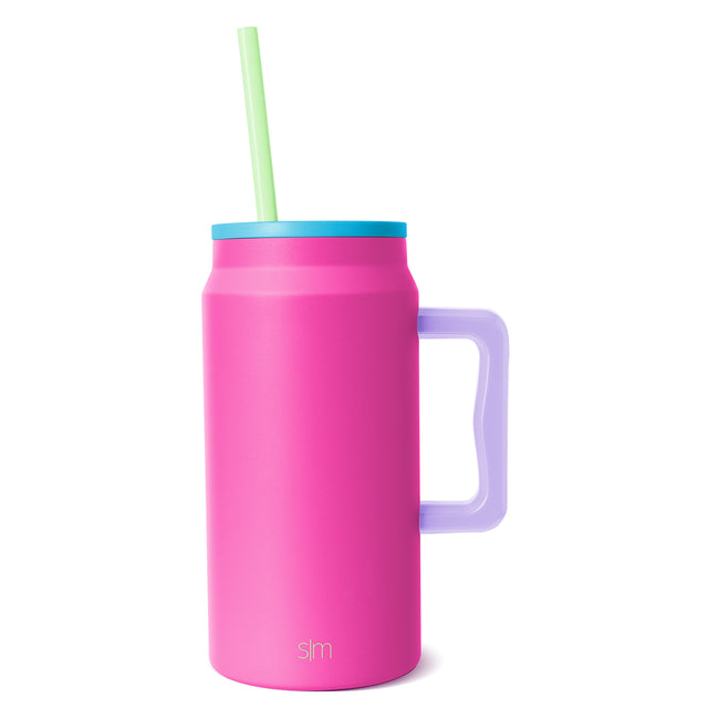 Insulated drinkware with hot pink body, cyan blue lid, and lavender handle Insulated drinkware with hot pink body, cyan blue lid, and lavender handle