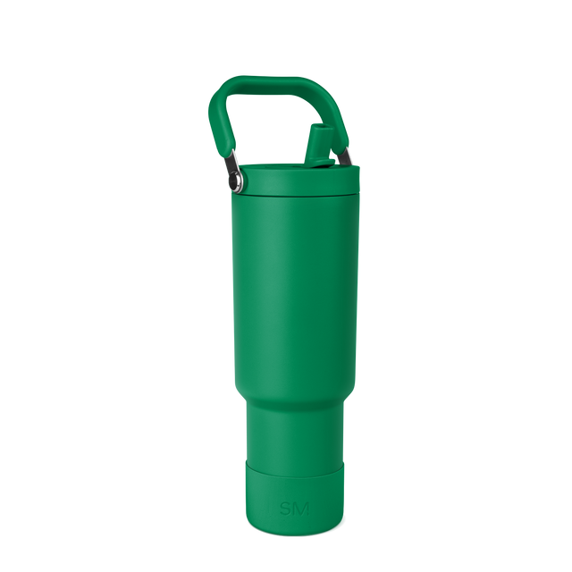 Kelly green water bottle with tapered design, wider upper chamber, narrow base, and matching green carrying handle Kelly green water bottle with tapered design, wider upper chamber, narrow base, and matching green carrying handle