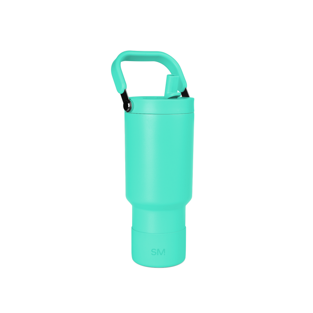 Vibrant turquoise product with black carabiner clips on handle attachment Vibrant turquoise product with black carabiner clips on handle attachment