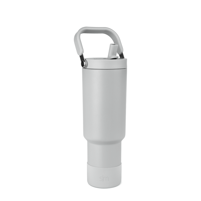 Light gray water bottle with cylindrical body and two-tone handle featuring gray padding and black accents Light gray water bottle with cylindrical body and two-tone handle featuring gray padding and black accents