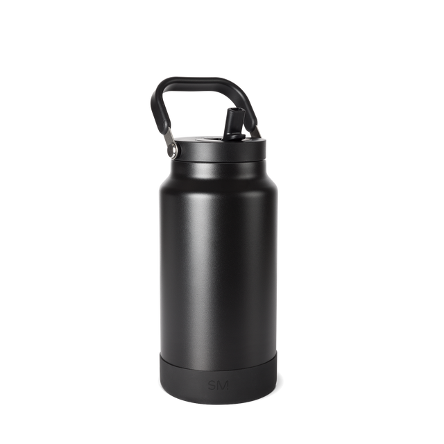Black matte water bottle with metallic upper section and cylindrical body design Black matte water bottle with metallic upper section and cylindrical body design
