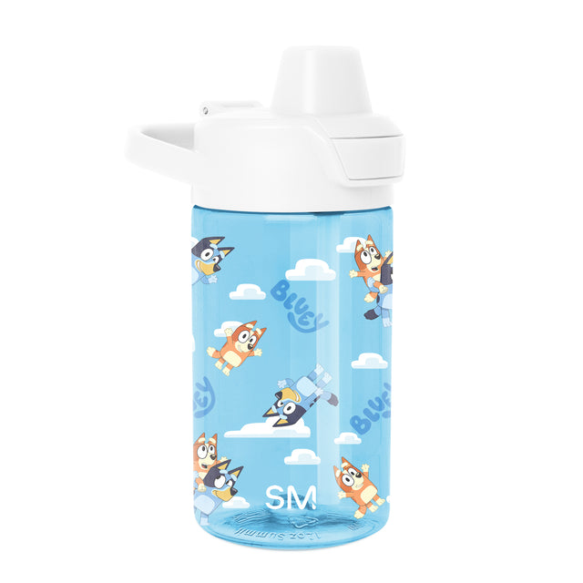 Sky blue Simple Modern water bottle with white flip-top lid and dual handles, featuring Bluey cartoon characters in orange and blue among white clouds, set against white background. Sky blue Simple Modern water bottle with white flip-top lid and dual handles, featuring Bluey cartoon characters in orange and blue among white clouds, set against white background.