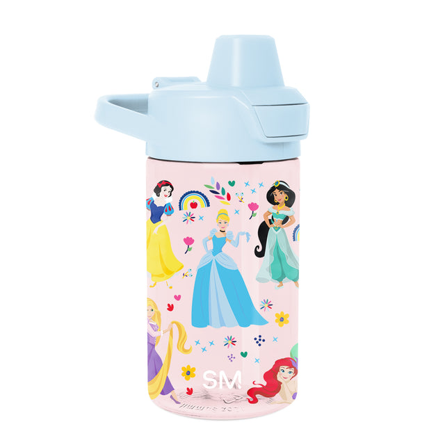 Light blue lid and spout on pale pink cylindrical water bottle with colorful printed graphics featuring bright yellow accents Light blue lid and spout on pale pink cylindrical water bottle with colorful printed graphics featuring bright yellow accents