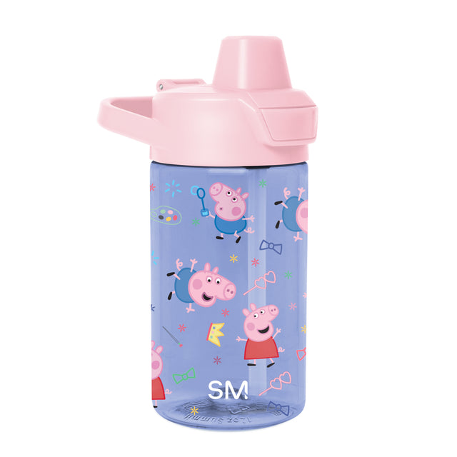 Periwinkle blue water bottle with soft pink cap, spout, and carrying handle featuring colorful accents throughout the design. Periwinkle blue water bottle with soft pink cap, spout, and carrying handle featuring colorful accents throughout the design.