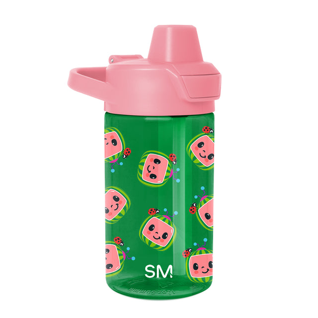 Simple Modern kids water bottle with kelly green body, pink lid and handle, decorated with smiling cartoon watermelon characters, red ladybugs, and blue dots. Simple Modern kids water bottle with kelly green body, pink lid and handle, decorated with smiling cartoon watermelon characters, red ladybugs, and blue dots.