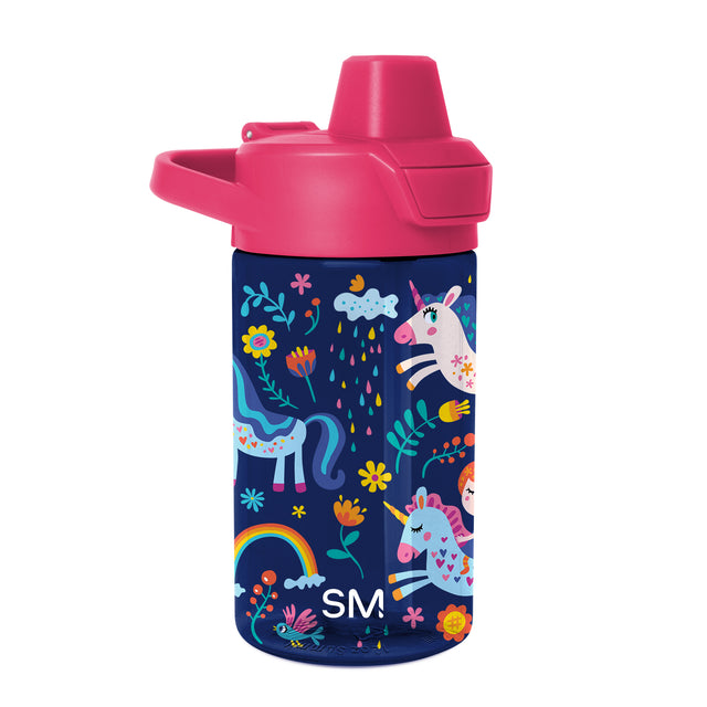 Navy blue Simple Modern children's water bottle with hot pink lid and spout on white background Navy blue Simple Modern children's water bottle with hot pink lid and spout on white background