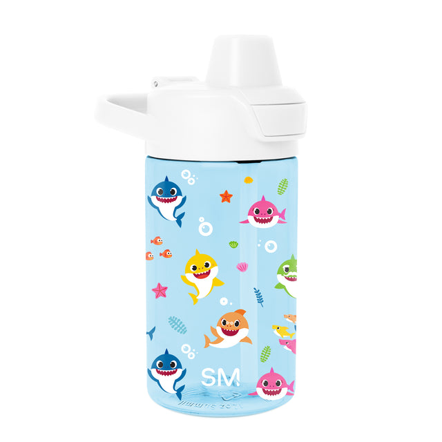Light blue cylindrical water bottle with white spill-proof cap featuring a handle and push-button mechanism Light blue cylindrical water bottle with white spill-proof cap featuring a handle and push-button mechanism