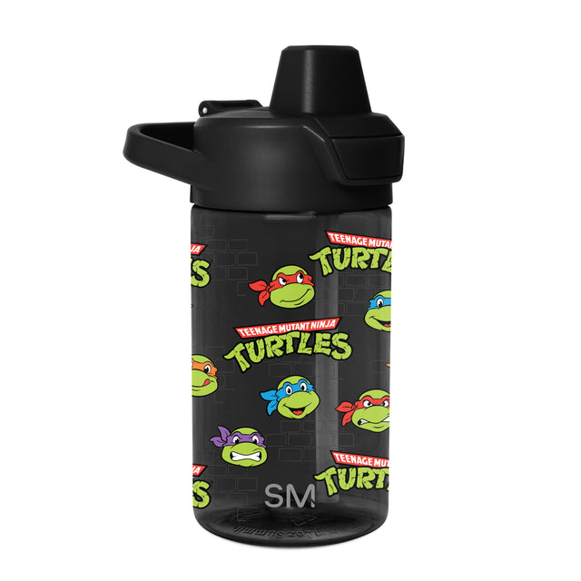 Black water bottle with lime green and vibrant red, blue, and purple accents on white background Black water bottle with lime green and vibrant red, blue, and purple accents on white background