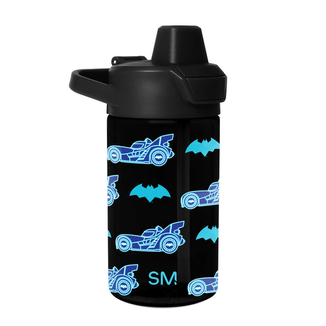 Black water bottle with bright cyan and electric blue neon-style graphics and solid matte black cap and lid Black water bottle with bright cyan and electric blue neon-style graphics and solid matte black cap and lid