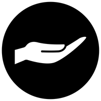 Black circular background with white illustration of diverse group of people holding hands in a circle, representing community unity and inclusion for marginalized populations.