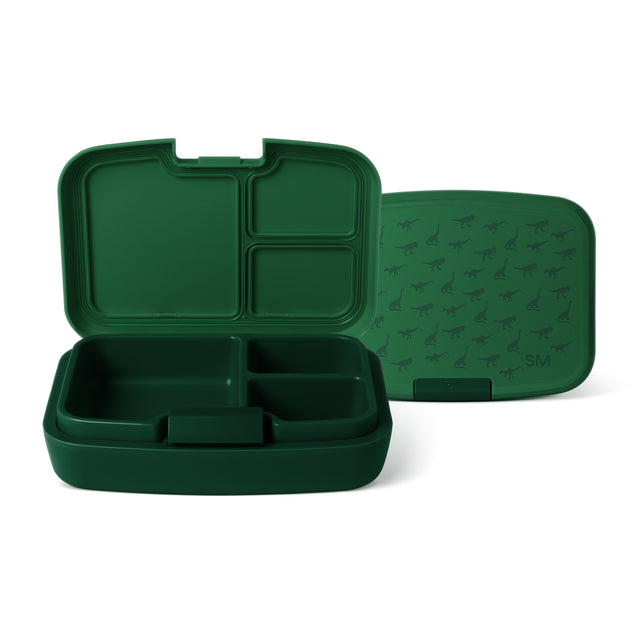 Forest green Simple Modern bento lunch box shown open and closed. Open view displays interior compartments; closed lid features dinosaur silhouette pattern and SM logo on white background. Forest green Simple Modern bento lunch box shown open and closed. Open view displays interior compartments; closed lid features dinosaur silhouette pattern and SM logo on white background.