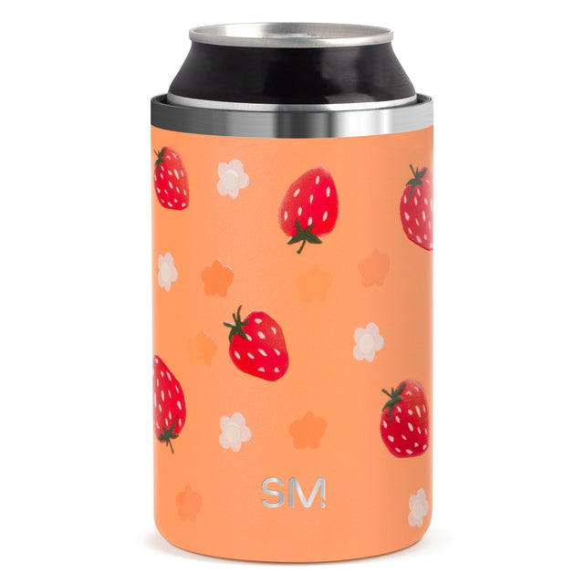 SM Strawberry Patterned Can Cooler with vibrant coral base, bright red strawberries with white seed details, and small green leaves on peachy-orange background. SM Strawberry Patterned Can Cooler with vibrant coral base, bright red strawberries with white seed details, and small green leaves on peachy-orange background.