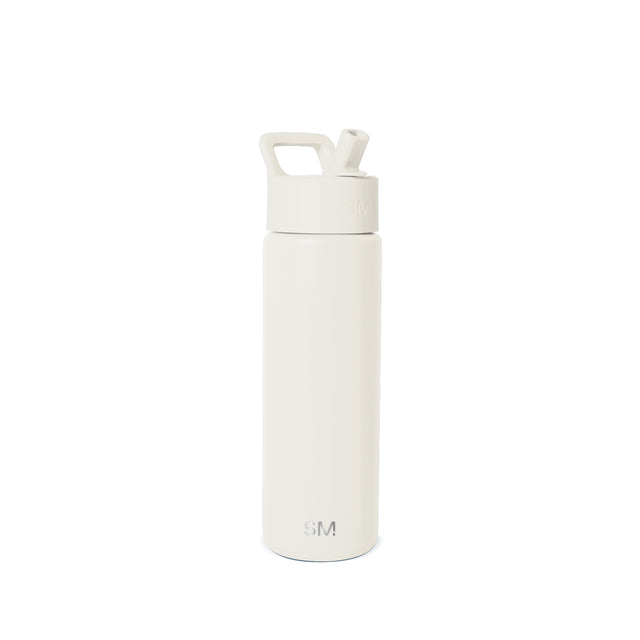 Cream-colored insulated water bottle with wide-mouth design and carry handle against neutral background. Simple Modern logo visible on lower front. Professional product photography. Cream-colored insulated water bottle with wide-mouth design and carry handle against neutral background. Simple Modern logo visible on lower front. Professional product photography.