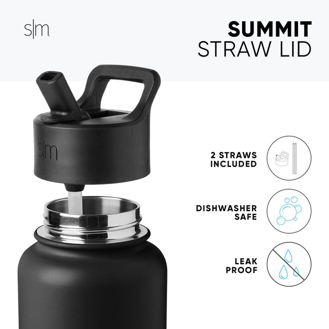 Black and metallic silver SM Summit water bottle with matte finish base, polished stainless steel interior rim and straw attachment hardware Black and metallic silver SM Summit water bottle with matte finish base, polished stainless steel interior rim and straw attachment hardware