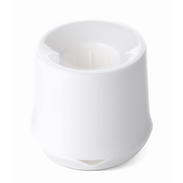 White cylindrical bottle brush stand with curved sides and internal divider slots, shown against a neutral white background. White cylindrical bottle brush stand with curved sides and internal divider slots, shown against a neutral white background.