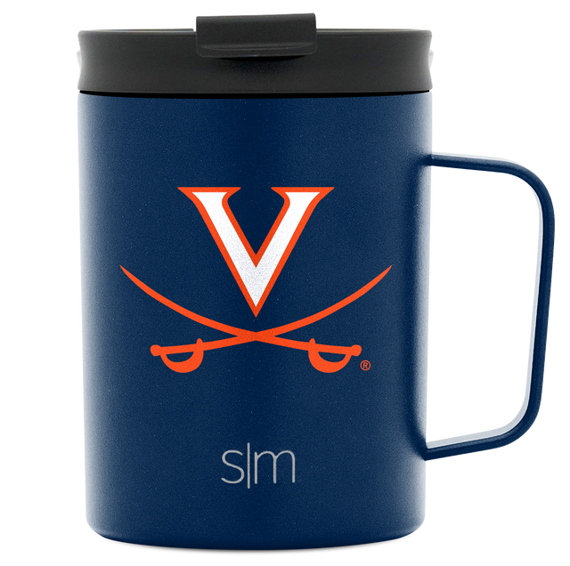 Navy blue mug with charcoal gray lid featuring University of Virginia logo, viewed from front angle Navy blue mug with charcoal gray lid featuring University of Virginia logo, viewed from front angle