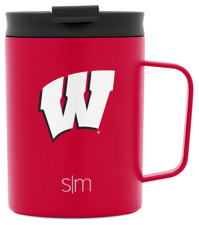 Red insulated mug with charcoal gray lid on white background, front view product shot Red insulated mug with charcoal gray lid on white background, front view product shot