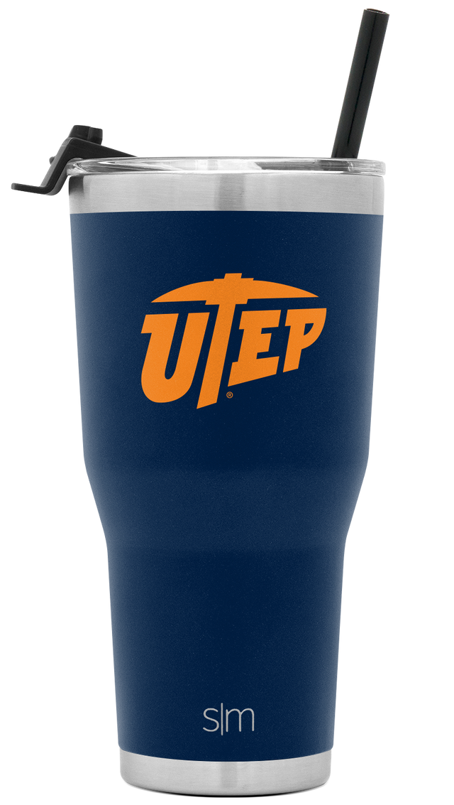 Navy blue insulated tumbler with brushed stainless steel rim and base, featuring bright orange UTEP logo graphics Navy blue insulated tumbler with brushed stainless steel rim and base, featuring bright orange UTEP logo graphics