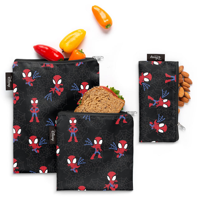 Three black Spider-Man kids lunch bags featuring vibrant red, white, and blue Spider-Man designs with fresh food props displayed. Three black Spider-Man kids lunch bags featuring vibrant red, white, and blue Spider-Man designs with fresh food props displayed.
