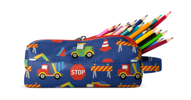 Navy blue pencil case with colorful construction-themed design featuring red, orange, yellow, green, cyan, and purple accents Navy blue pencil case with colorful construction-themed design featuring red, orange, yellow, green, cyan, and purple accents