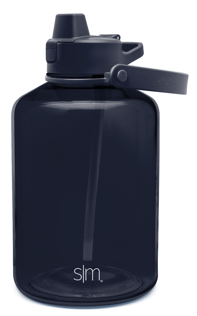 Deep navy blue water bottle with flip-top lid, featuring reflective accents on a dark colored container and cap design. Deep navy blue water bottle with flip-top lid, featuring reflective accents on a dark colored container and cap design.