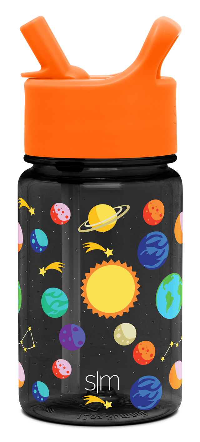 Water bottle with dark charcoal cylindrical body and bright orange cap lid assembly Water bottle with dark charcoal cylindrical body and bright orange cap lid assembly