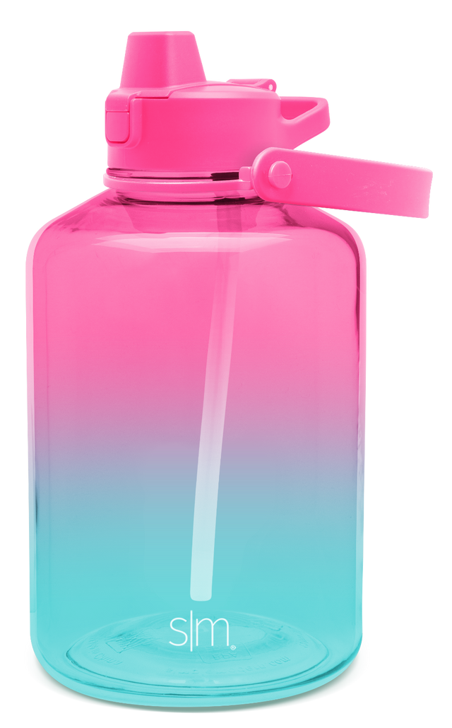 Modern water bottle with hot pink to lavender to turquoise ombré gradient, featuring a sleek cylindrical design with a secure cap, displayed against a white background. Modern water bottle with hot pink to lavender to turquoise ombré gradient, featuring a sleek cylindrical design with a secure cap, displayed against a white background.
