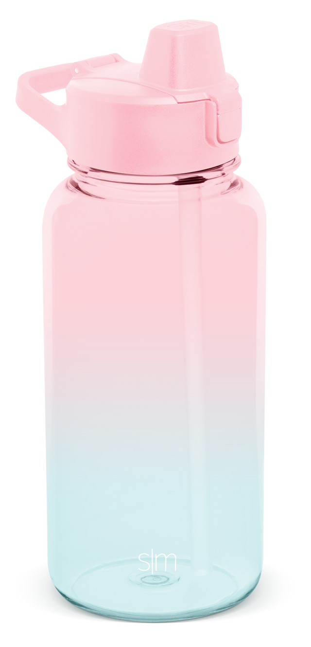 Ombre water bottle with pale pink top fading to white middle and light aqua blue bottom, solid white cap and carrying handle Ombre water bottle with pale pink top fading to white middle and light aqua blue bottom, solid white cap and carrying handle