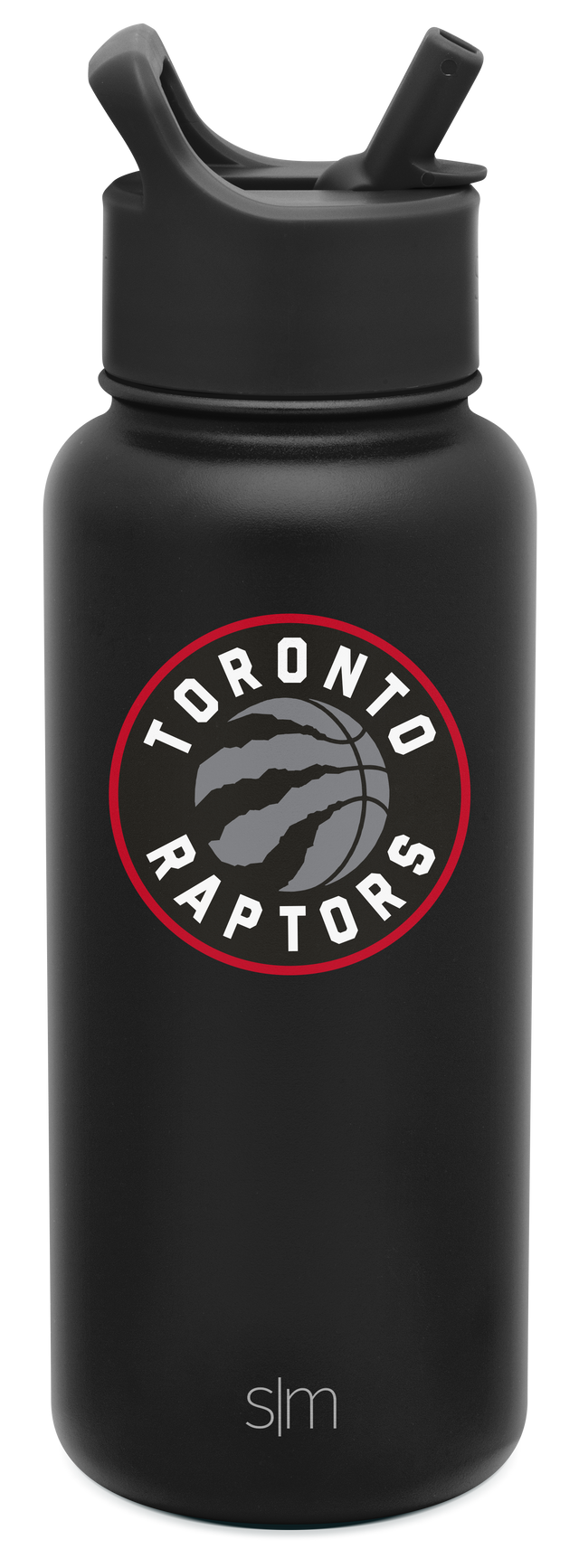 Matte black water bottle with bright red circular accent ring around team logo featuring gray tones in design Matte black water bottle with bright red circular accent ring around team logo featuring gray tones in design