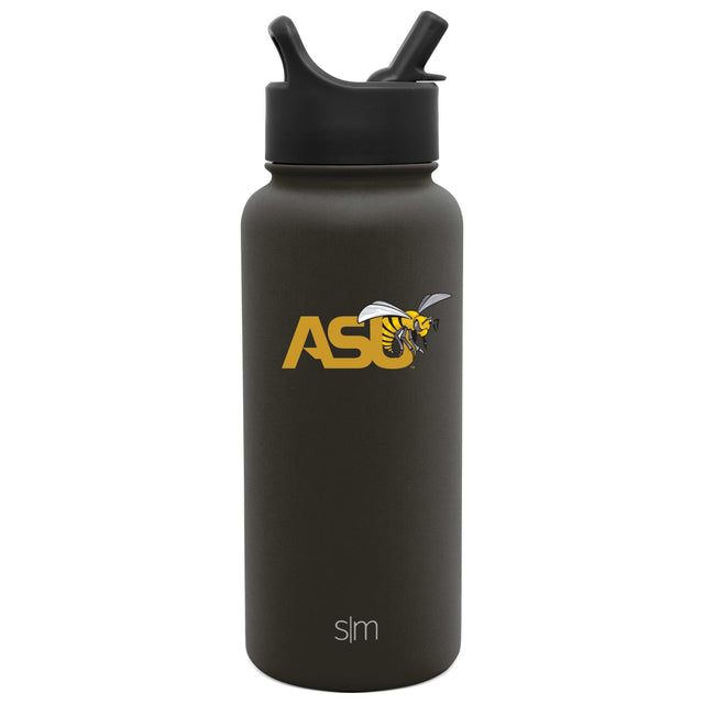 Dark charcoal gray cylindrical water bottle with gold lettering and black accents Dark charcoal gray cylindrical water bottle with gold lettering and black accents