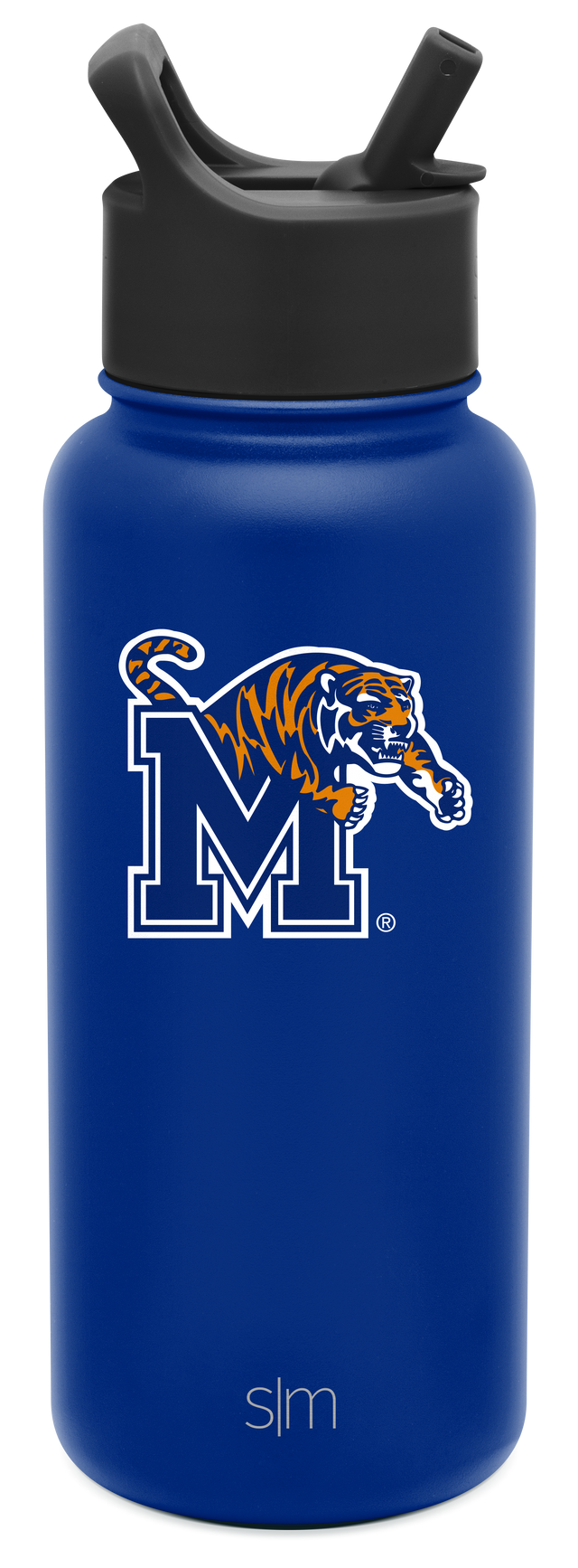 Royal blue insulated water bottle with cylindrical body and tapered base on white background Royal blue insulated water bottle with cylindrical body and tapered base on white background