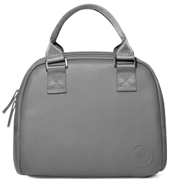 Gray canvas tote bag with silver metal hardware and light gray fabric handles and webbing straps Gray canvas tote bag with silver metal hardware and light gray fabric handles and webbing straps