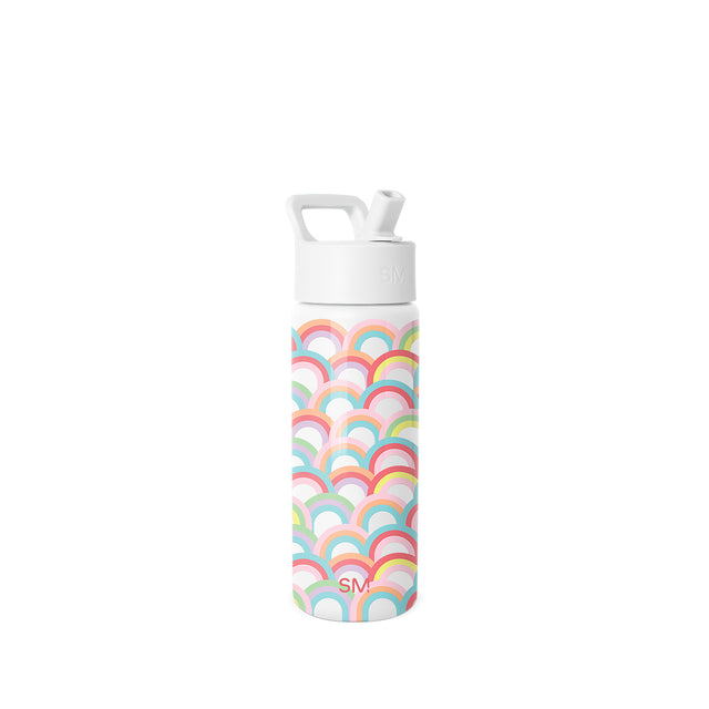 White insulated water bottle with rainbow scalloped pattern graphics, white carry handle and flip-lock cap, Simple Modern logo visible on cap and bottle body, studio photography on white background.
