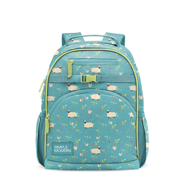 Teal children's backpack with cream sheep and green leaf pattern, lime yellow accents, padded straps, front zip pocket, side mesh pockets, and Simple Modern brand label on white background.