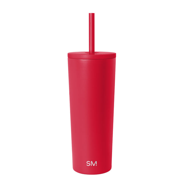 Coral-red insulated tumbler with fitted lid and integrated straw on white background. Simple Modern branded drinkware product shot showing cylindrical design with smooth sides and flat bottom.