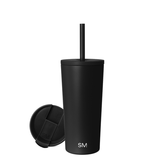 Matte black stainless steel tumbler with white text on clean white background