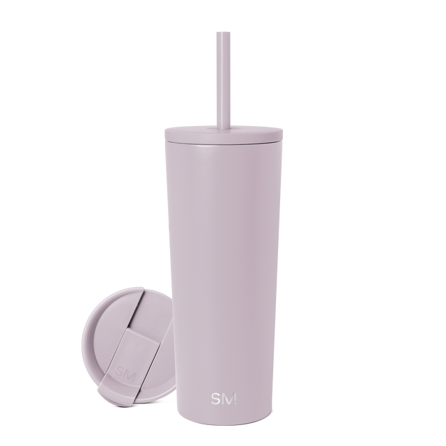 Soft mauve tumbler with matching lid on coordinating dusty lavender background