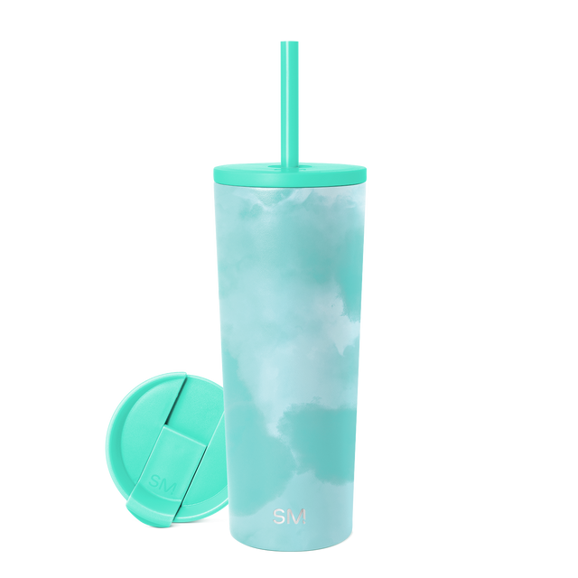 Turquoise insulated tumbler with mint green and white tie-dye pattern on white background