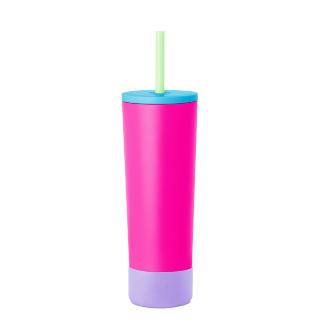 Hot pink cylindrical tumbler with turquoise blue lid and color-block design, featuring a modern two-tone aesthetic.