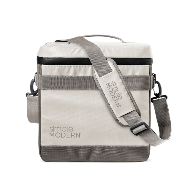 Cream and gray striped canvas bag with black trim, neutral modern design