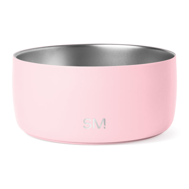Light pink bowl with metallic gray interior, wide shallow cylindrical design with smooth curved edges and subtle rim, photographed against white background.