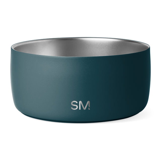 Teal cylindrical bowl with brushed stainless steel interior and SM logo, shown against white background in studio lighting.