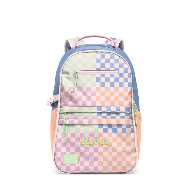 Pastel checkerboard children's backpack with cat-ear design, gradient colors from blue-green to peachy-orange, green zipper pulls, pink shoulder straps, and 