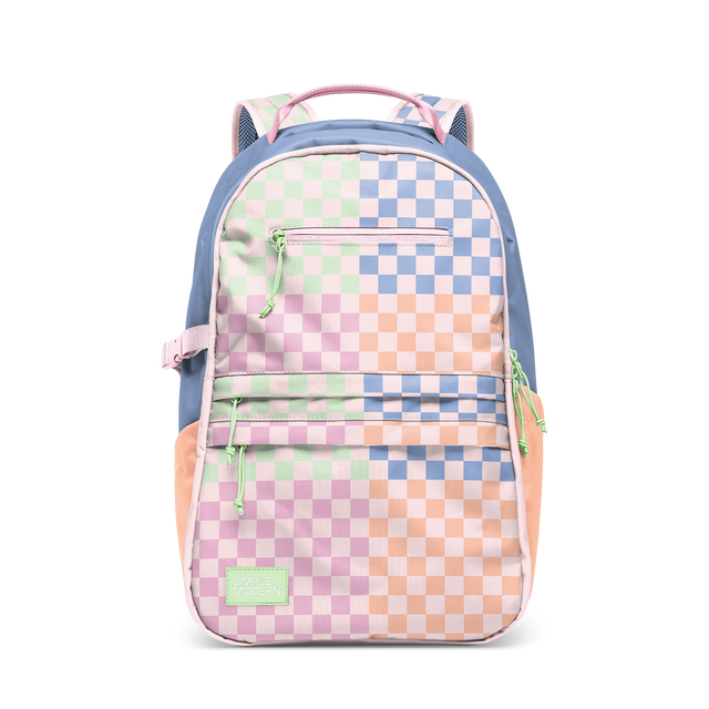 Pastel checkerboard backpack with soft pink, pale green, light blue, peachy orange, and cream white squares in a modern structured design.