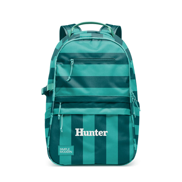 Teal and dark green striped multi-compartment backpack with padded straps, top handle, and front zippered pockets, shown against white background. Simple Modern Hunter model.