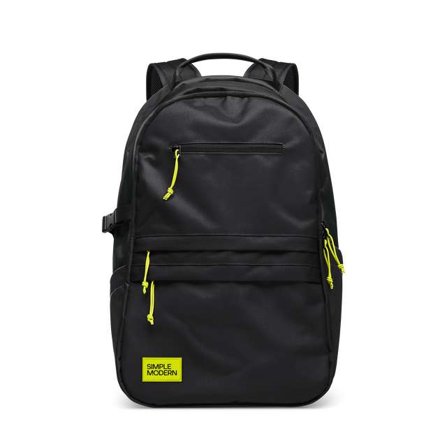 Black backpack with bright yellow-lime accents on zipper pulls, drawstring handles, and branded label patch