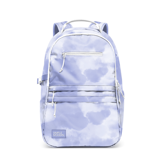 Periwinkle blue and pale lavender cloud pattern backpack on white-to-cream base with soft pastel colors