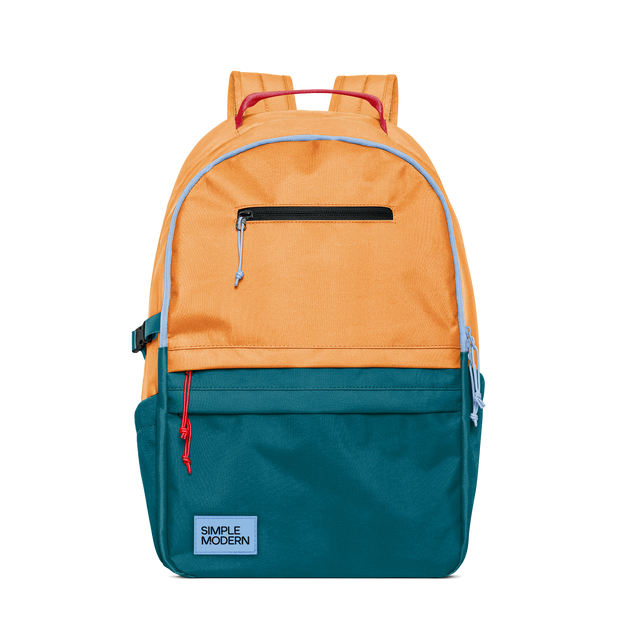 Orange, light blue, and gray color-blocked backpack with front view displayed against white background