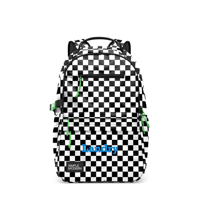 Black and white checkered backpack with neon green compression straps and blue 